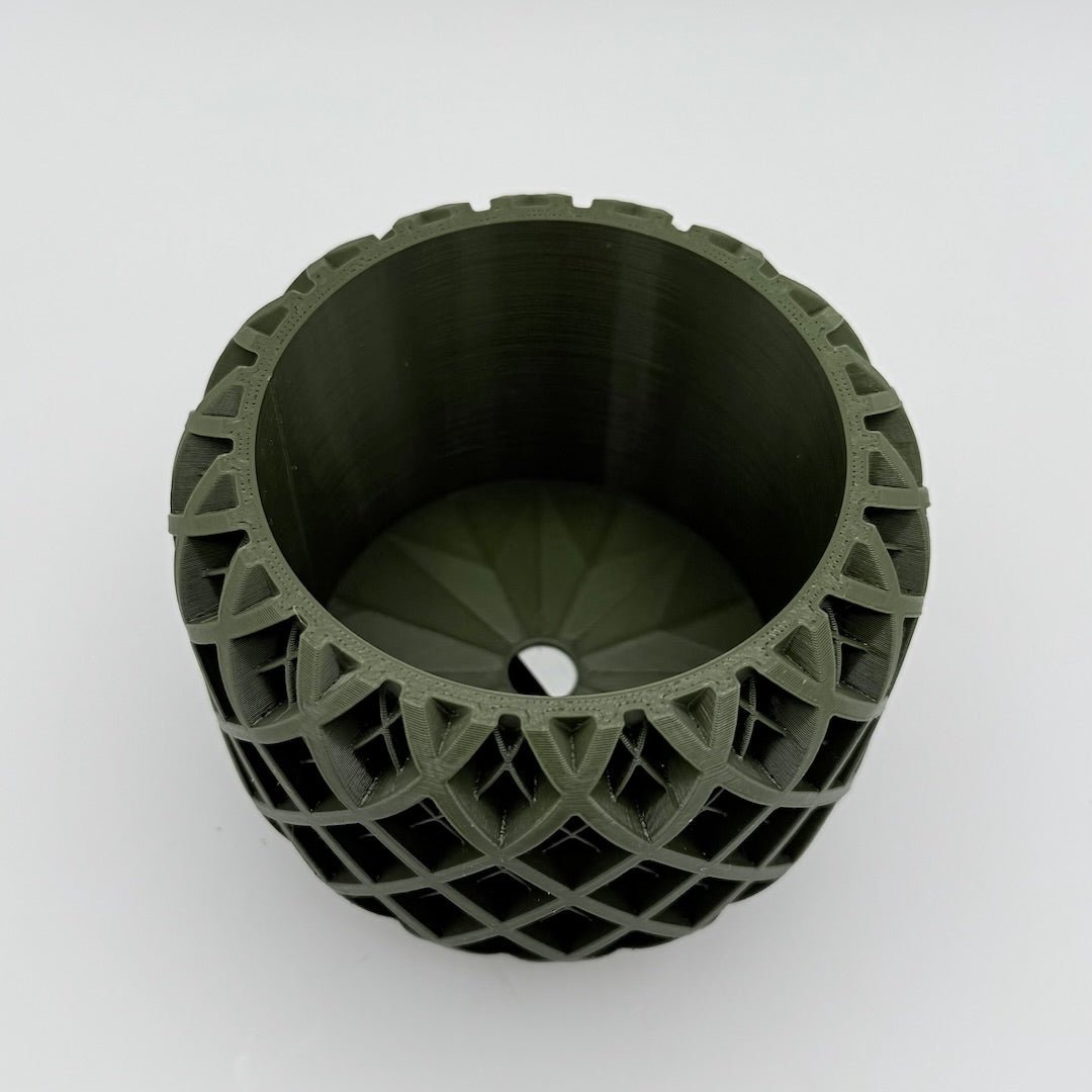 inside of olive geoplaid 3d printed planter with drainage hole